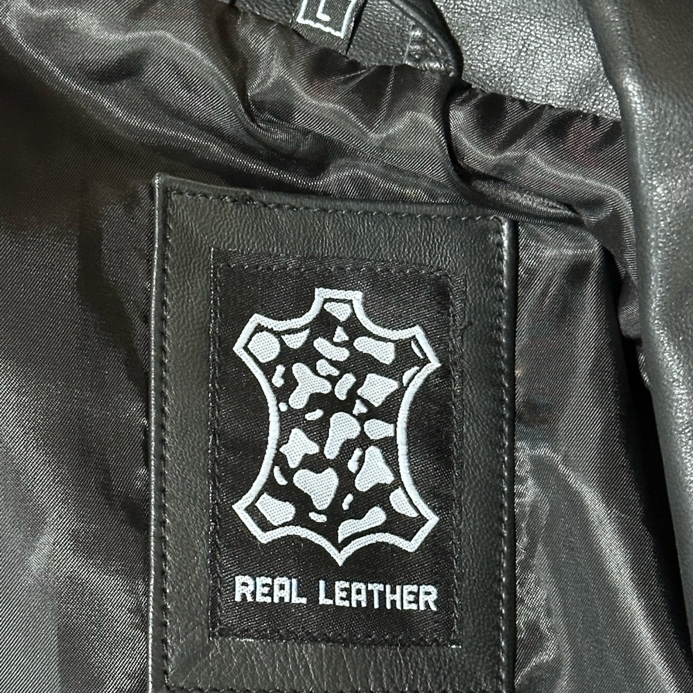 Black Leather Motorcycle Jacket with Asymmetrical Zipper - Picture 5 of 6